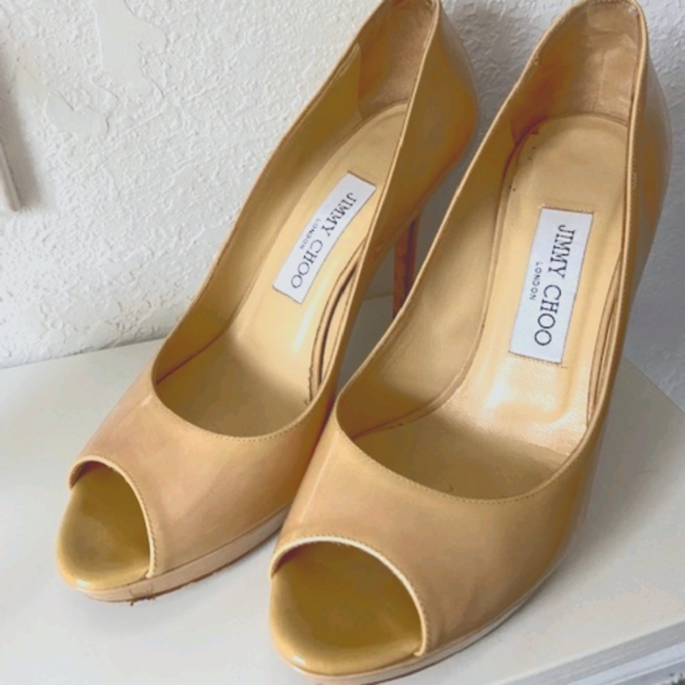 Jimmy Choo Tan Peep-Toe Heels